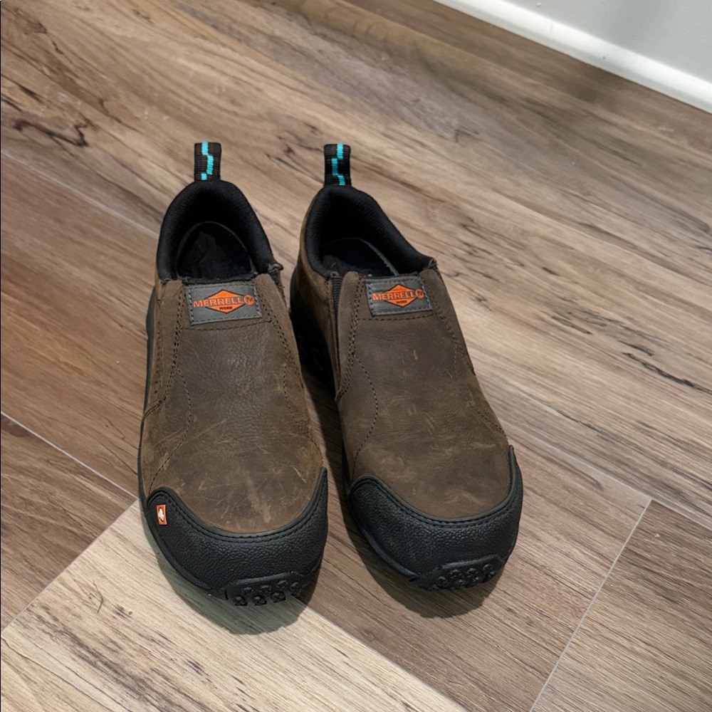 Merrell Women’s Brown and Black Slip-On Trail Loafers with Teal Accents